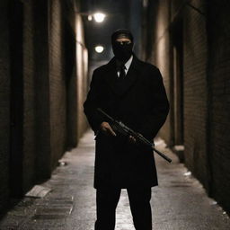 A mafia gangster wearing a mouth cover and carrying an assault rifle, standing in a dimly lit alley.