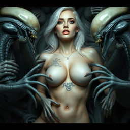 A stunning white Russian woman with large breasts and a tattoo on her chest is situated inside an alien hive