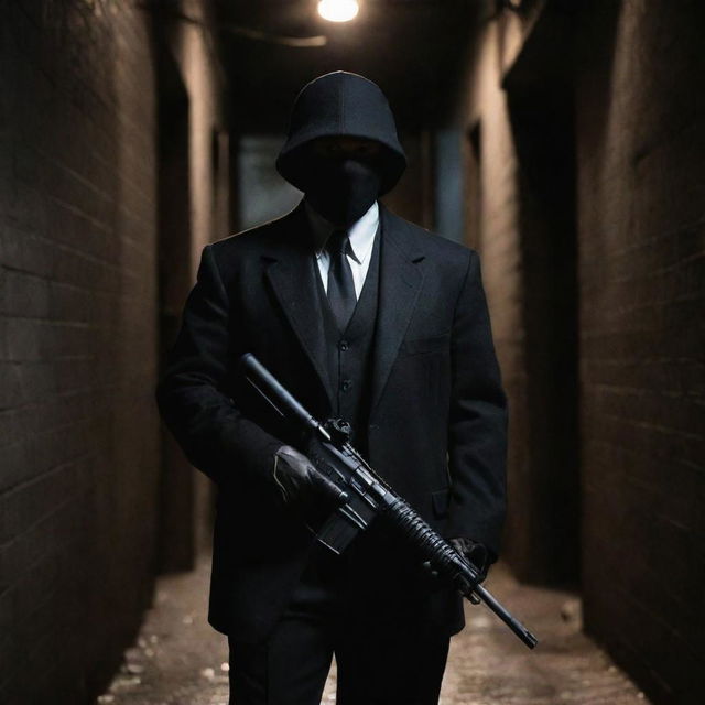 A mafia gangster wearing a mouth cover and carrying an assault rifle, standing in a dimly lit alley.