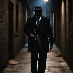 A mafia gangster wearing a mouth cover and carrying an assault rifle, standing in a dimly lit alley.