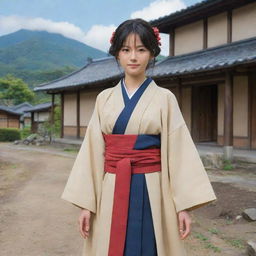 A female anime character in Japanese style, demonstrating the role of a dignified village leader. Dressed in a traditional leader's attire, she stands with the quaint village visible behind her.