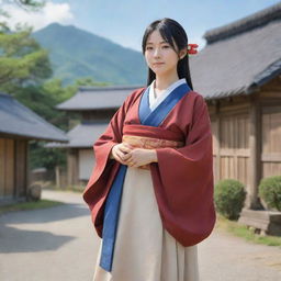 A female anime character in Japanese style, demonstrating the role of a dignified village leader. Dressed in a traditional leader's attire, she stands with the quaint village visible behind her.