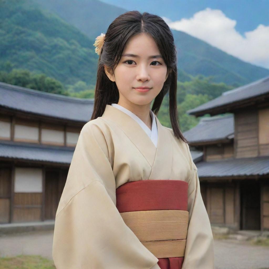 A female anime character in Japanese style, demonstrating the role of a dignified village leader. Dressed in a traditional leader's attire, she stands with the quaint village visible behind her.