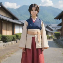 A female anime character in Japanese style, demonstrating the role of a dignified village leader. Dressed in a traditional leader's attire, she stands with the quaint village visible behind her.