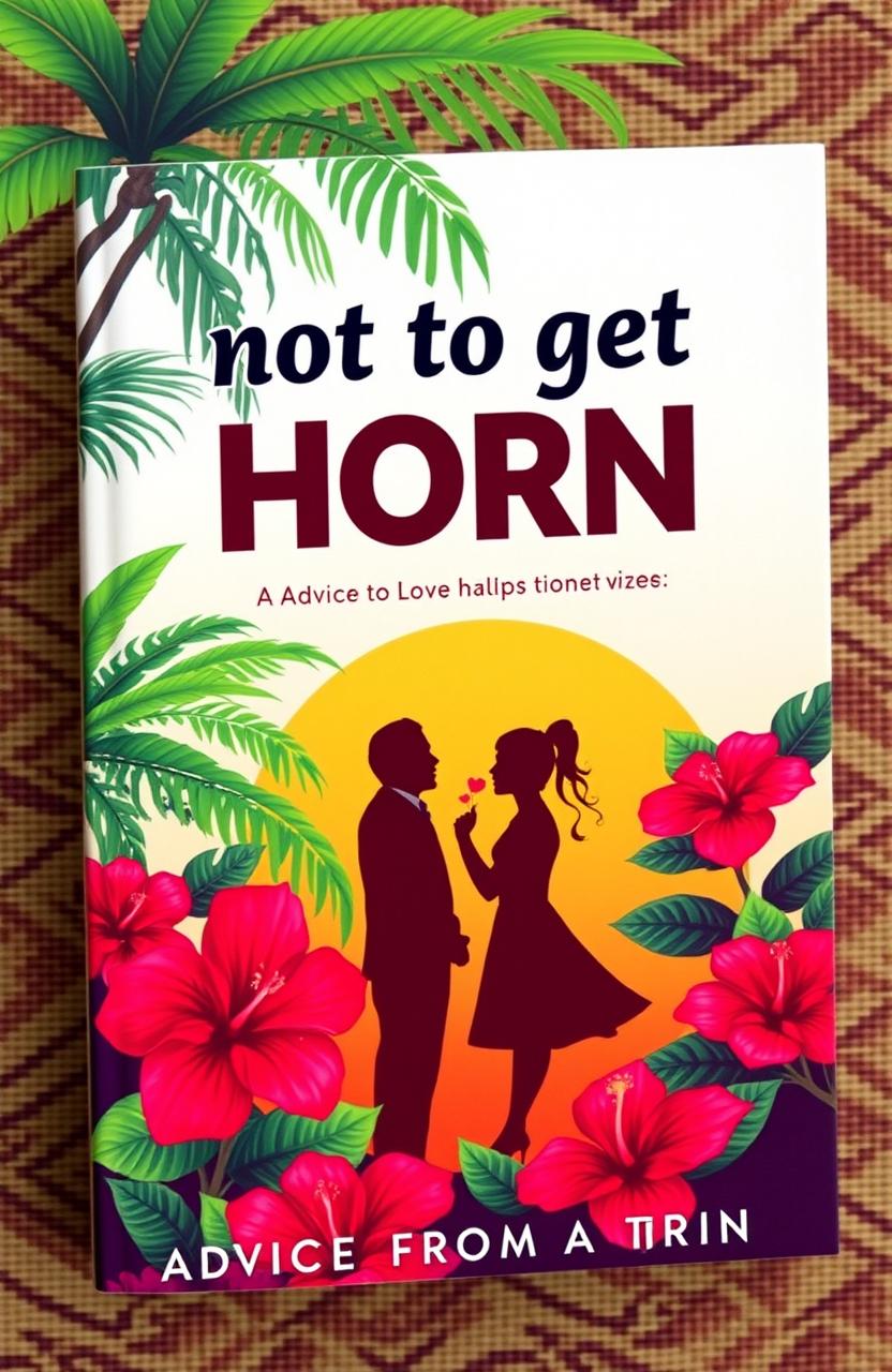 A book cover for 'How to not get Horn: Advice from a Trini' featuring vibrant tropical motifs characteristic of Trinidad, such as lush green palm trees and bright red hibiscus flowers