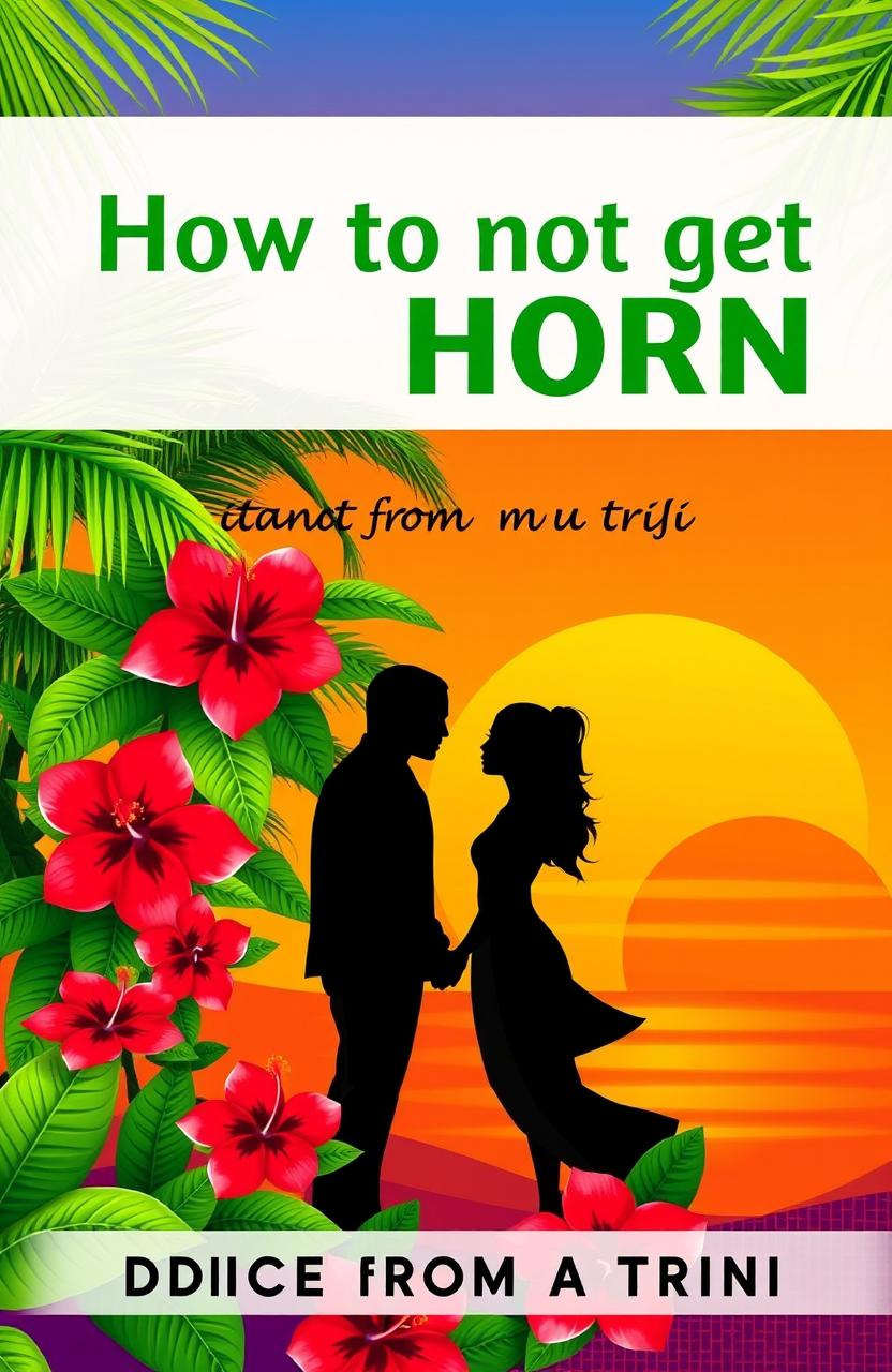 A book cover for 'How to not get Horn: Advice from a Trini' featuring vibrant tropical motifs characteristic of Trinidad, such as lush green palm trees and bright red hibiscus flowers