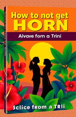 A book cover for 'How to not get Horn: Advice from a Trini' featuring vibrant tropical motifs characteristic of Trinidad, such as lush green palm trees and bright red hibiscus flowers