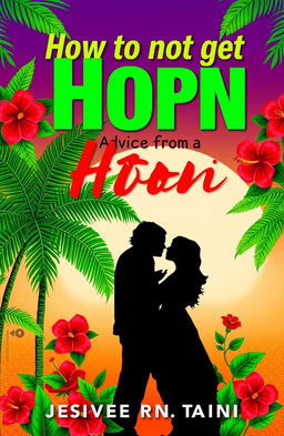 A book cover for 'How to not get Horn: Advice from a Trini' featuring vibrant tropical motifs characteristic of Trinidad, such as lush green palm trees and bright red hibiscus flowers