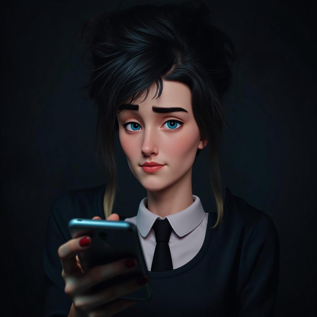 An animated-style illustration of a sinister girl resembling the character in the provided image, showcasing exaggerated cartoon features