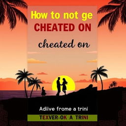 A book cover for 'How to not get cheated on: Advice from a Trini' showcasing a serene landscape typical of Trinidad, featuring a beautiful sunset over the ocean and silhouettes of palm trees