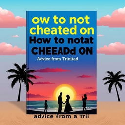 A book cover for 'How to not get cheated on: Advice from a Trini' showcasing a serene landscape typical of Trinidad, featuring a beautiful sunset over the ocean and silhouettes of palm trees