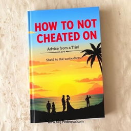 A book cover for 'How to not get cheated on: Advice from a Trini' showcasing a serene landscape typical of Trinidad, featuring a beautiful sunset over the ocean and silhouettes of palm trees