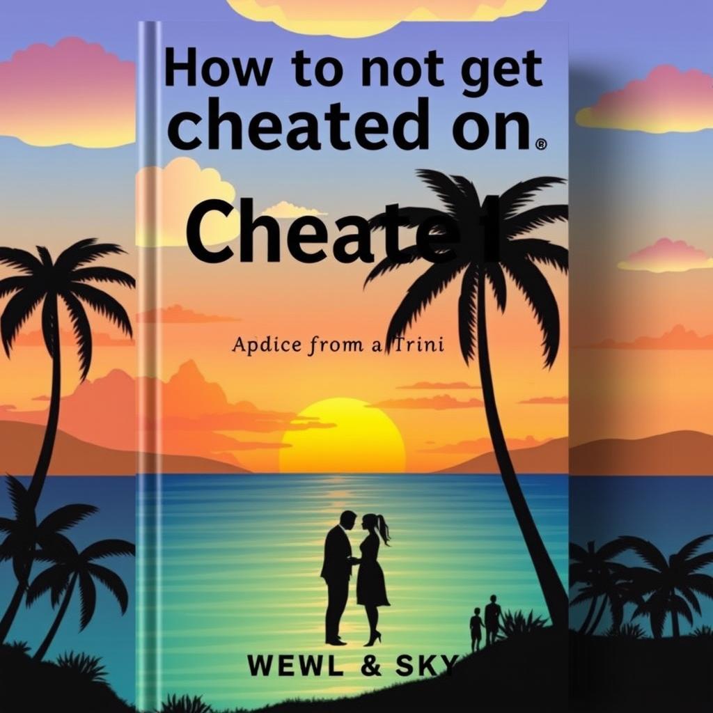 A book cover for 'How to not get cheated on: Advice from a Trini' showcasing a serene landscape typical of Trinidad, featuring a beautiful sunset over the ocean and silhouettes of palm trees