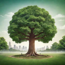 Create a high-definition, lively environmental poster with a large central tree. Modern-stylized guardians, some backpacking and others engaged in eco-friendly actions, face the viewer. The settings alternate between distant buildings and an immense, lush green landscape to represent the interplay between human activity and environmental preservation.