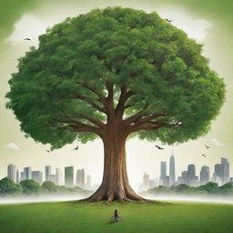 Create a high-definition, lively environmental poster with a large central tree. Modern-stylized guardians, some backpacking and others engaged in eco-friendly actions, face the viewer. The settings alternate between distant buildings and an immense, lush green landscape to represent the interplay between human activity and environmental preservation.