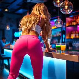 A trendy blonde woman from behind, wearing snug pink hotpants and a white top, bending forward slightly and leaning on a sleek bar counter