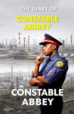 A book cover design for 'The Diary of Constable Abbey' featuring a thoughtful police officer in a uniform engaged in dialogue, set against the backdrop of a sprawling refinery and oil facilities