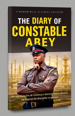 A book cover design for 'The Diary of Constable Abbey' featuring a thoughtful police officer in a uniform engaged in dialogue, set against the backdrop of a sprawling refinery and oil facilities