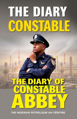 A book cover design for 'The Diary of Constable Abbey' featuring a thoughtful police officer in a uniform engaged in dialogue, set against the backdrop of a sprawling refinery and oil facilities