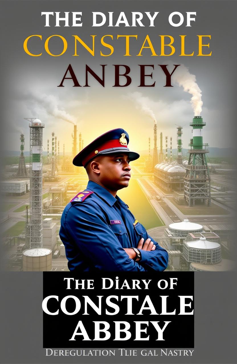 A book cover design for 'The Diary of Constable Abbey' featuring a thoughtful police officer in a uniform engaged in dialogue, set against the backdrop of a sprawling refinery and oil facilities