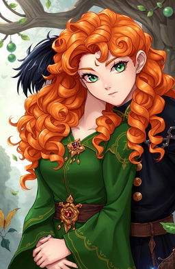 An illustration of a young white woman with long, curly orange hair and green eyes, dressed in a fantastical outfit in shades of green with golden accents