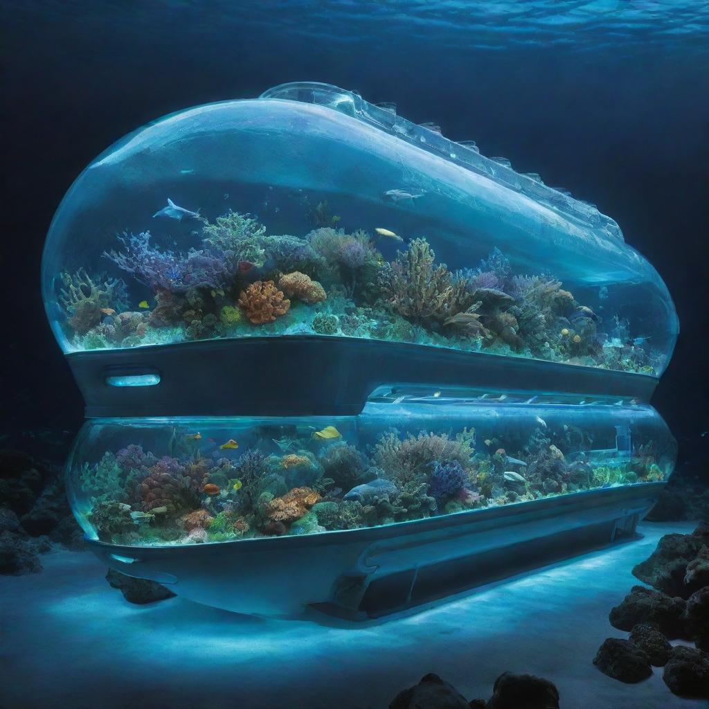 A striking aquapunk tanker, embellished with bio-luminescent algae, transparent water-filled compartments, and coral-inspired structures, voyaging through a radiant undersea world teeming with vibrant marine life.