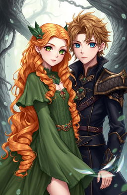 An illustration of a young white woman with long, curly orange hair and green eyes, dressed in a fantastical outfit in shades of green with golden accents