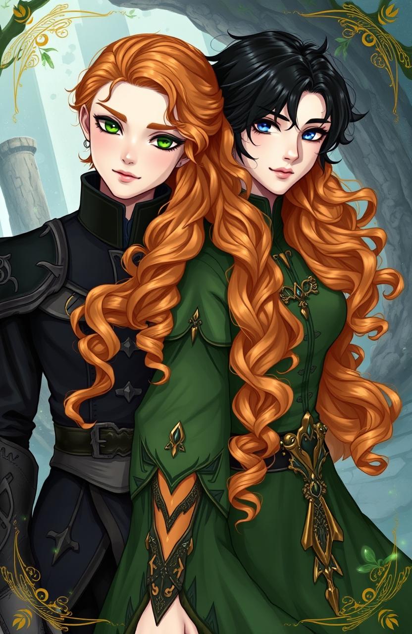 An illustration of a young white woman with long, curly orange hair and green eyes, dressed in a fantastical outfit in shades of green with golden accents