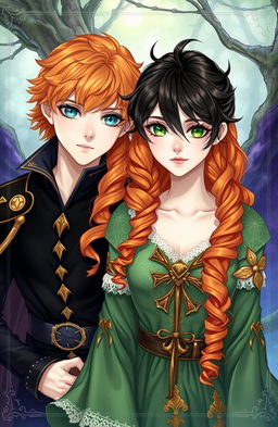 An illustration of a young white woman with long, curly orange hair and green eyes, dressed in a fantastical outfit in shades of green with golden accents