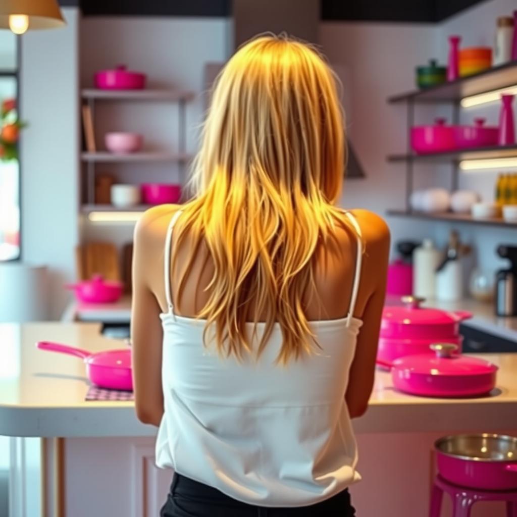 A blonde young woman viewed from behind, wearing a white top, leaning forward over a stylish bar counter