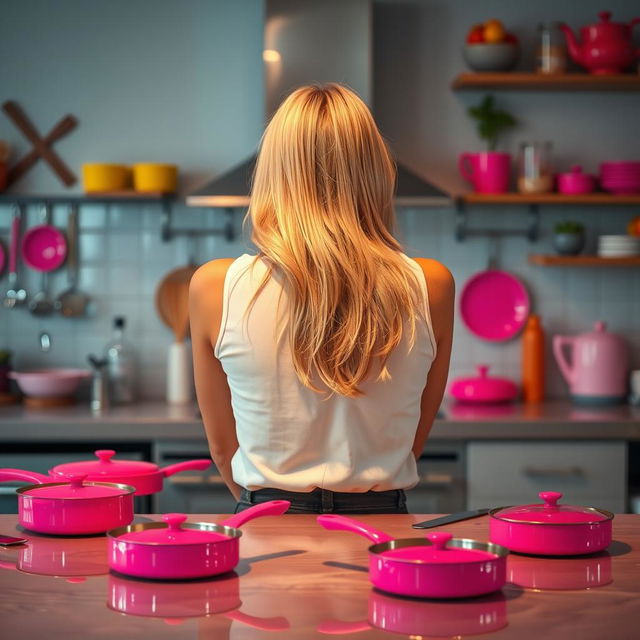 A blonde young woman viewed from behind, wearing a white top, leaning forward over a stylish bar counter