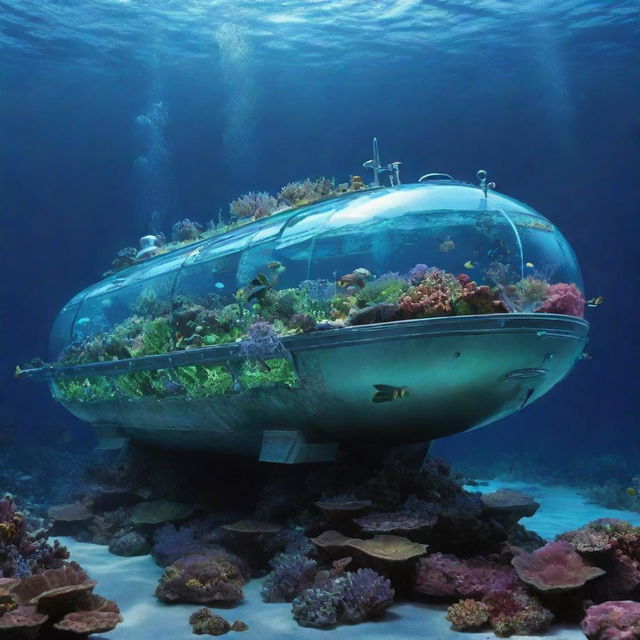 A striking aquapunk tanker, embellished with bio-luminescent algae, transparent water-filled compartments, and coral-inspired structures, voyaging through a radiant undersea world teeming with vibrant marine life.