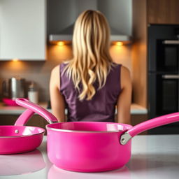 A blonde young woman viewed from behind, positioned in a kitchen scene with bright pink hot pans in the foreground