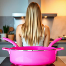 A blonde young woman viewed from behind, positioned in a kitchen scene with bright pink hot pans in the foreground