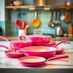 A vibrant kitchen scene featuring an array of bright pink hot pans, with a glossy finish that reflects light beautifully