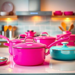 A vibrant kitchen scene featuring an array of bright pink hot pans, with a glossy finish that reflects light beautifully