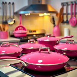 A vibrant kitchen scene featuring an array of bright pink hot pans, with a glossy finish that reflects light beautifully