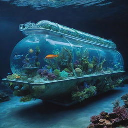 A striking aquapunk tanker, embellished with bio-luminescent algae, transparent water-filled compartments, and coral-inspired structures, voyaging through a radiant undersea world teeming with vibrant marine life.