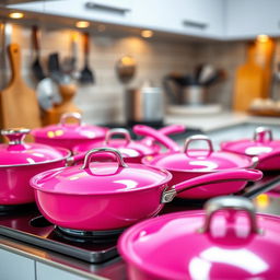 A vibrant kitchen scene featuring an array of bright pink hot pans, with a glossy finish that reflects light beautifully