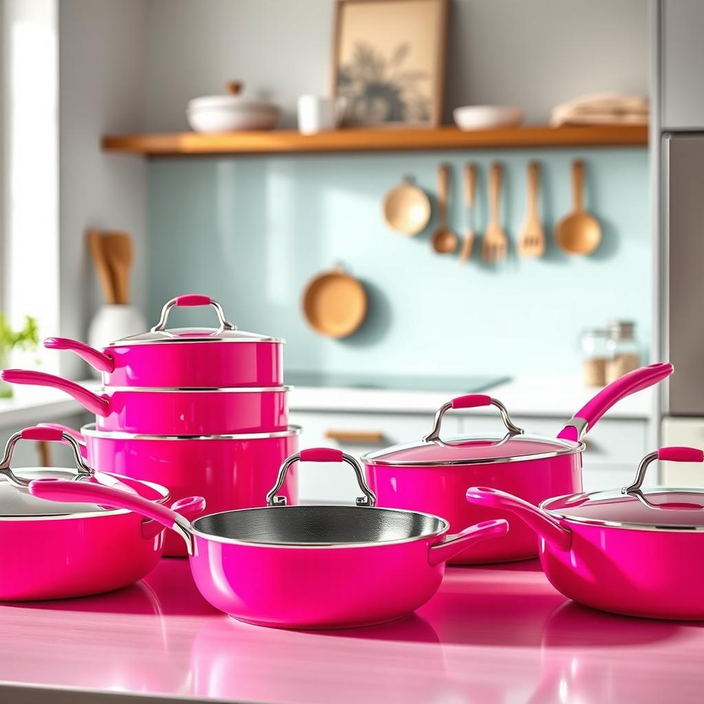 A vibrant image of bright pink hot pans arranged artistically, showcasing their glossy finish and unique design