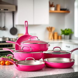 A vibrant image of bright pink hot pans arranged artistically, showcasing their glossy finish and unique design