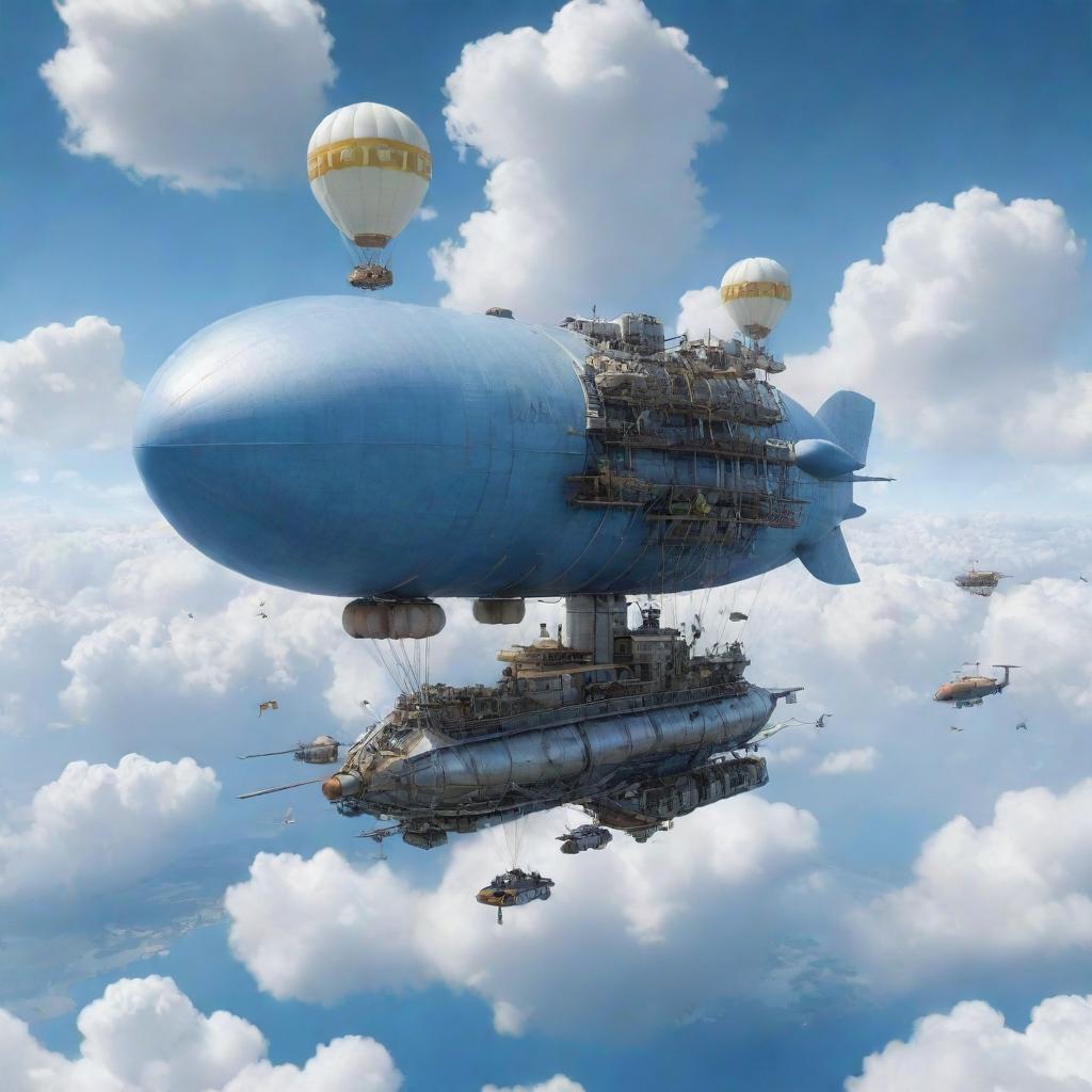 A soaring airpunk tanker, equipped with an array of propellers, zeppelin-like balloons, and wind turbines, floating amidst fluffy clouds under a sky-blue, airy atmosphere.