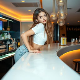 A stylish scene featuring a young woman in a white top bending over the edge of a sleek bar counter