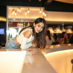 A stylish scene featuring a young woman in a white top bending over the edge of a sleek bar counter