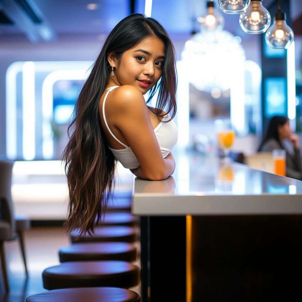 A stylish scene featuring a young woman in a white top bending over the edge of a sleek bar counter