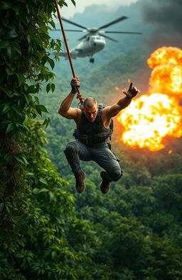 A dynamic and thrilling scene depicting a heroic figure mid-jump, gripping a rope as they escape from a massive explosion