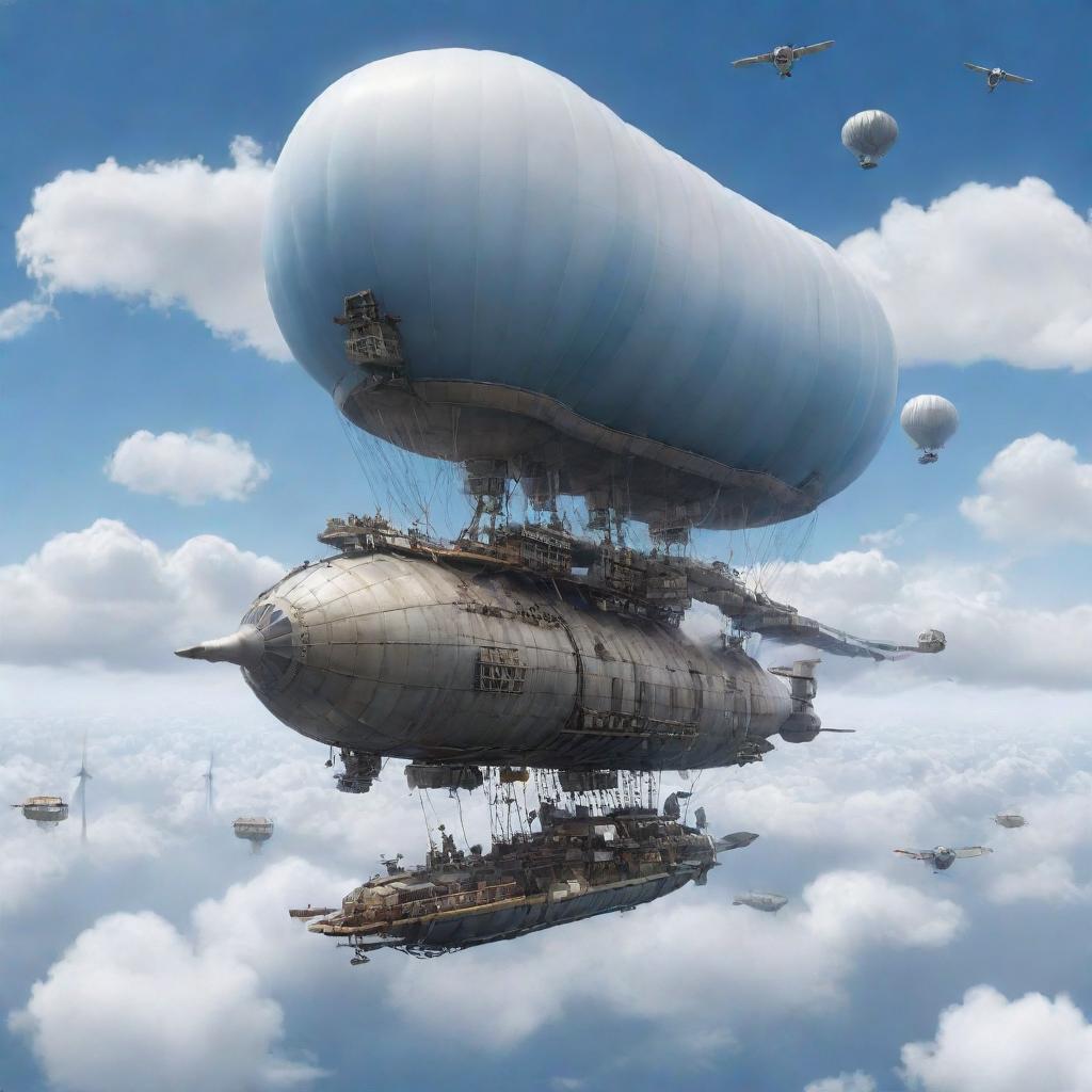 A soaring airpunk tanker, equipped with an array of propellers, zeppelin-like balloons, and wind turbines, floating amidst fluffy clouds under a sky-blue, airy atmosphere.