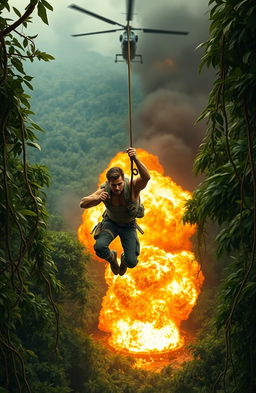 A dynamic and thrilling scene depicting a heroic figure mid-jump, gripping a rope as they escape from a massive explosion