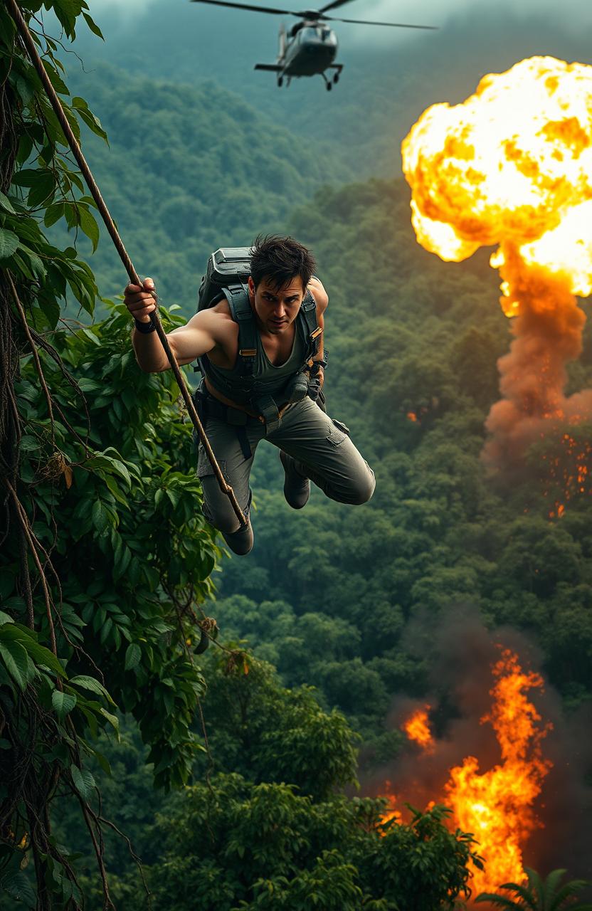 A dynamic and thrilling scene depicting a heroic figure mid-jump, gripping a rope as they escape from a massive explosion