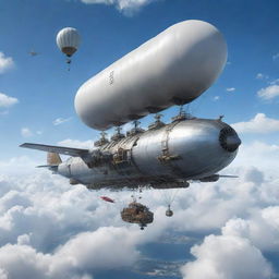 A soaring airpunk tanker, equipped with an array of propellers, zeppelin-like balloons, and wind turbines, floating amidst fluffy clouds under a sky-blue, airy atmosphere.